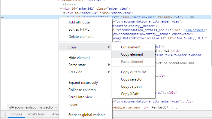 dev tools copy element